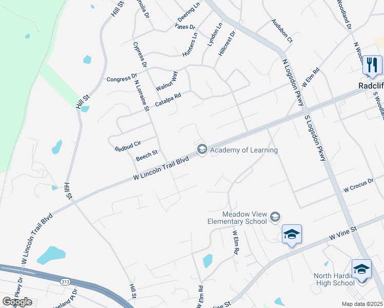 map of restaurants, bars, coffee shops, grocery stores, and more near 1509 West Lincoln Trail Boulevard in Radcliff