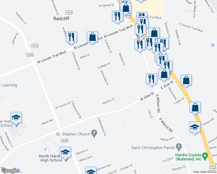 map of restaurants, bars, coffee shops, grocery stores, and more near 560 University Dr in Radcliff