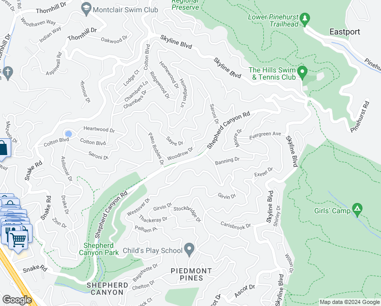 map of restaurants, bars, coffee shops, grocery stores, and more near 7250 Woodrow Drive in Oakland