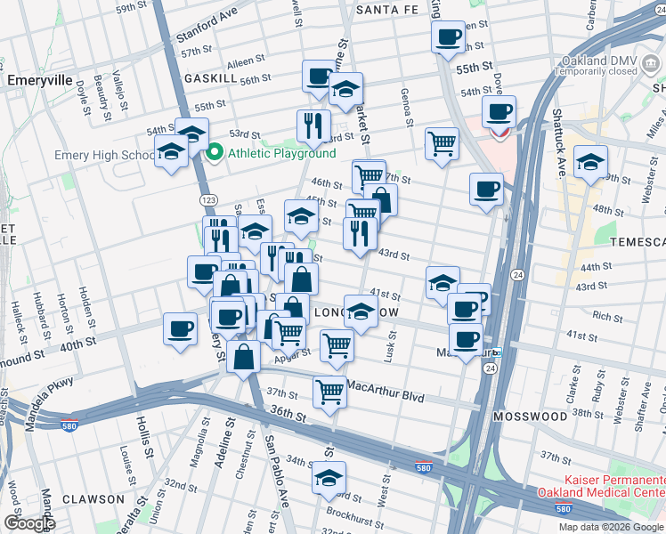 map of restaurants, bars, coffee shops, grocery stores, and more near 994 42nd Street in Oakland
