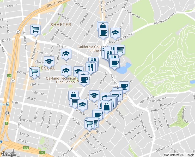 map of restaurants, bars, coffee shops, grocery stores, and more near 4421 Gilbert Street in Oakland