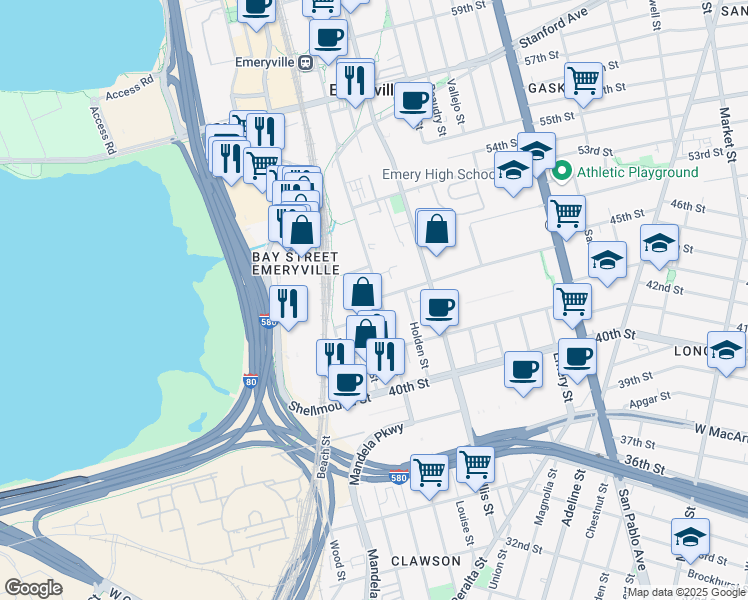 map of restaurants, bars, coffee shops, grocery stores, and more near 1450 Sherwin Avenue in Emeryville