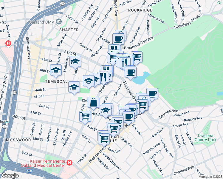 map of restaurants, bars, coffee shops, grocery stores, and more near 4421 Gilbert Street in Oakland