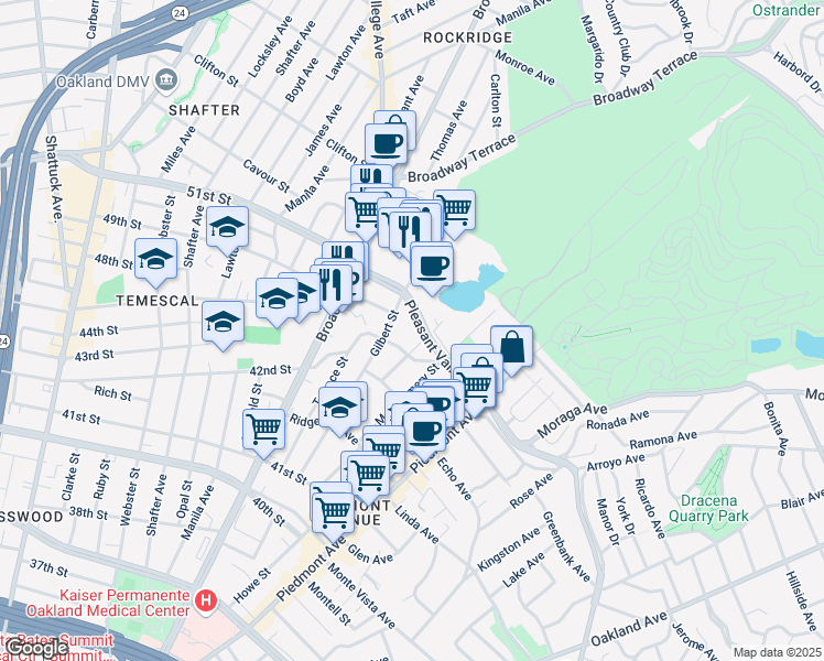 map of restaurants, bars, coffee shops, grocery stores, and more near 1985 Pleasant Valley Avenue in Oakland