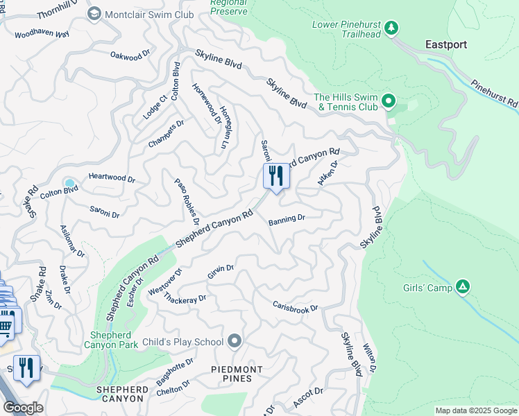 map of restaurants, bars, coffee shops, grocery stores, and more near 6658 Shepherd Canyon Road in Oakland
