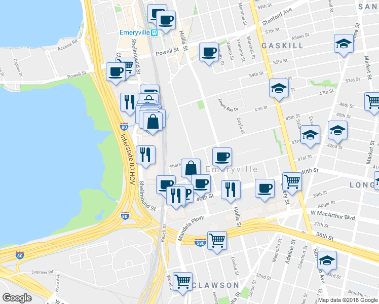 map of restaurants, bars, coffee shops, grocery stores, and more near 1450 Sherwin Avenue in Emeryville