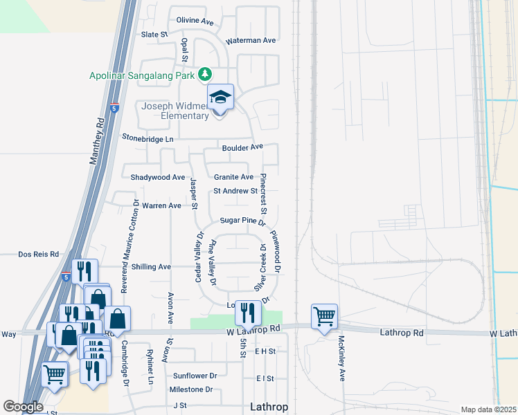 map of restaurants, bars, coffee shops, grocery stores, and more near 916 Pinecrest Court in Lathrop