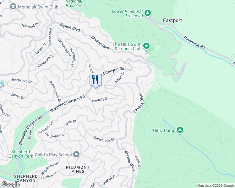 map of restaurants, bars, coffee shops, grocery stores, and more near 6696 Moore Drive in Oakland