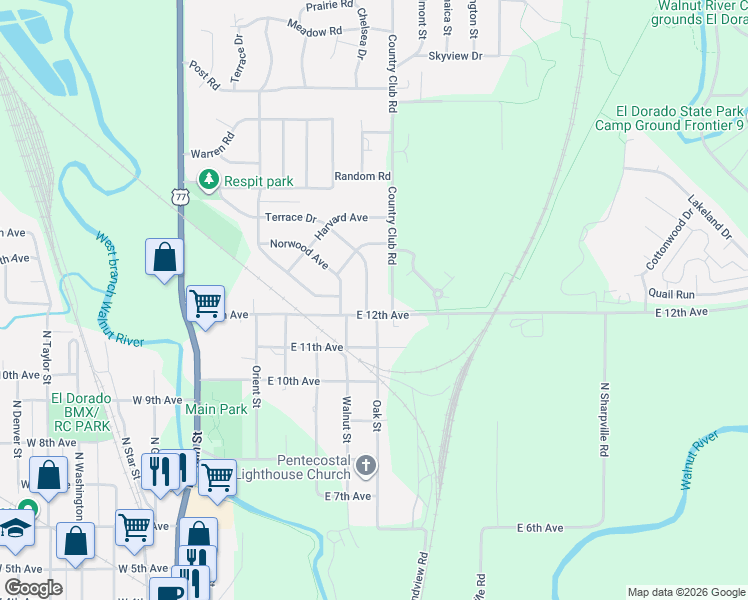 map of restaurants, bars, coffee shops, grocery stores, and more near 1338 Terrace Drive in El Dorado