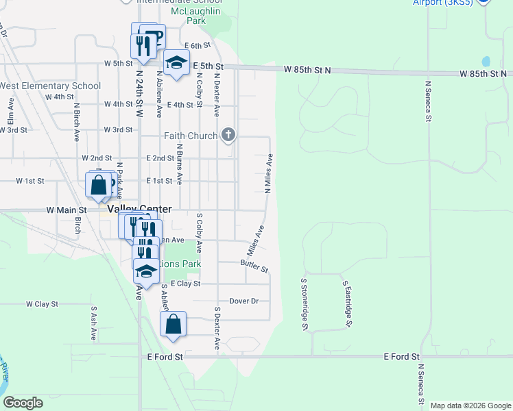 map of restaurants, bars, coffee shops, grocery stores, and more near 11 E 1st St Cir in Valley Center