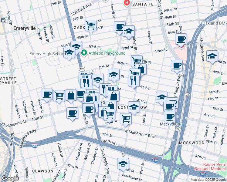 map of restaurants, bars, coffee shops, grocery stores, and more near 1001 42nd Street in Oakland