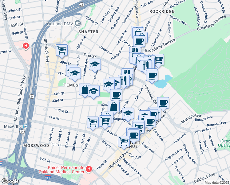 map of restaurants, bars, coffee shops, grocery stores, and more near 4351 Broadway in Oakland