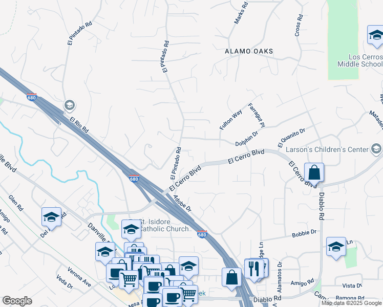 map of restaurants, bars, coffee shops, grocery stores, and more near 484 El Pintado Road in Danville