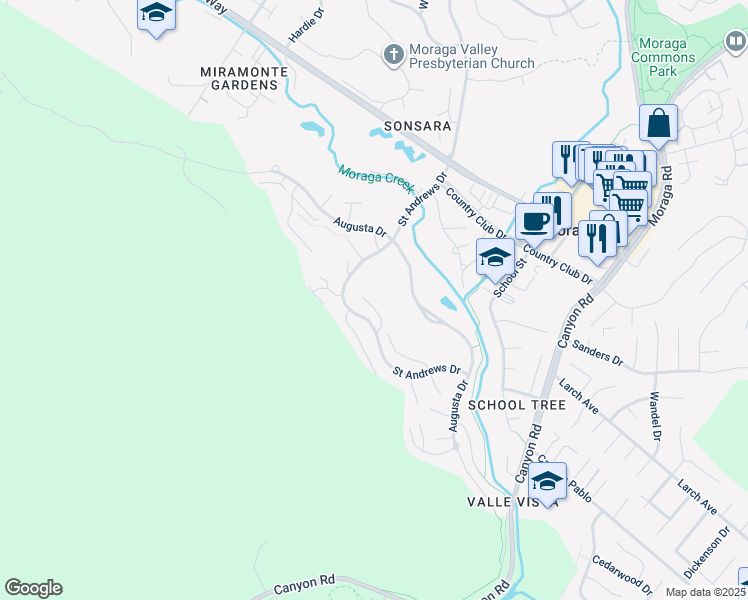 map of restaurants, bars, coffee shops, grocery stores, and more near 746 Augusta Drive in Moraga
