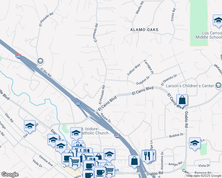 map of restaurants, bars, coffee shops, grocery stores, and more near 484 El Pintado Road in Danville