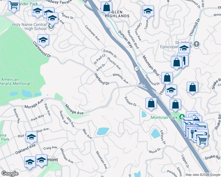 map of restaurants, bars, coffee shops, grocery stores, and more near 5728 Moraga Avenue in Piedmont