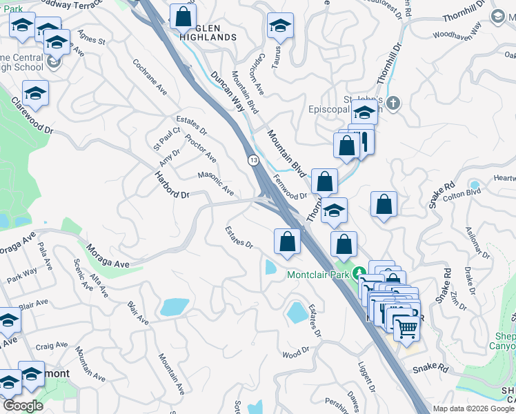 map of restaurants, bars, coffee shops, grocery stores, and more near 5799 Estates Drive in Oakland