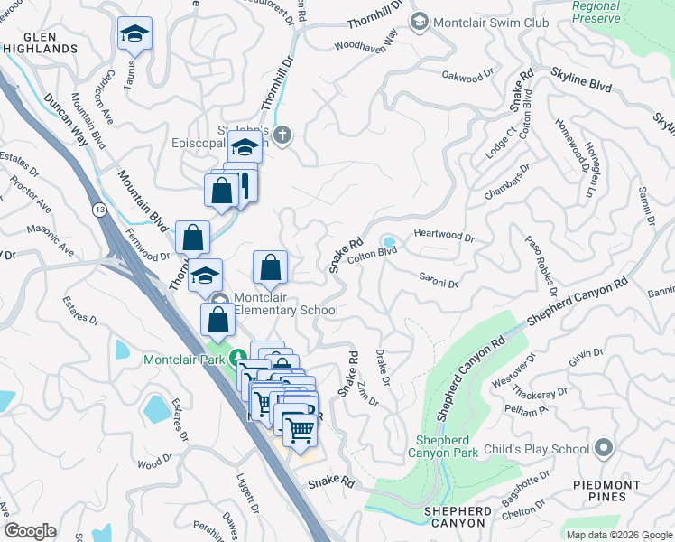 map of restaurants, bars, coffee shops, grocery stores, and more near 6091 Colton Boulevard in Oakland