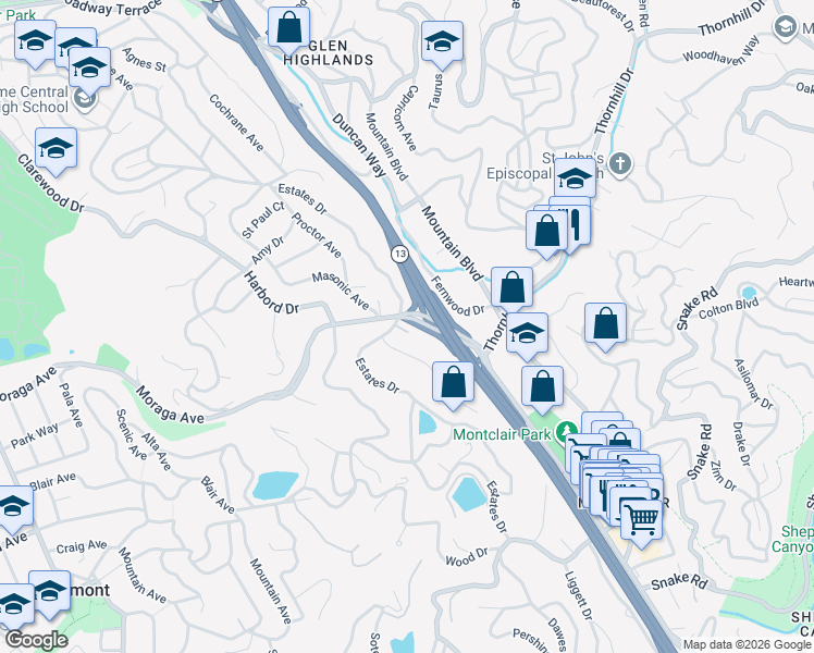 map of restaurants, bars, coffee shops, grocery stores, and more near 5799 Estates Drive in Oakland
