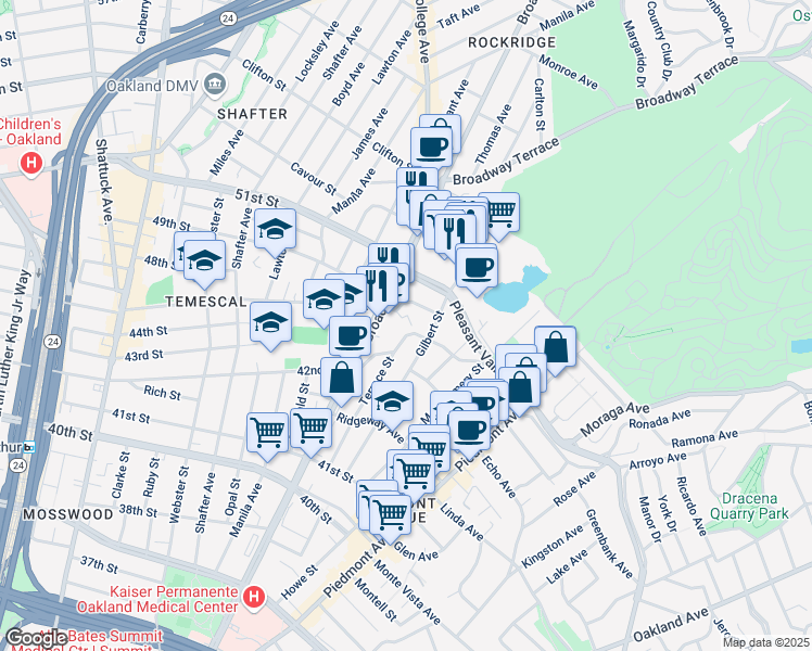 map of restaurants, bars, coffee shops, grocery stores, and more near 4421 Gilbert Street in Oakland