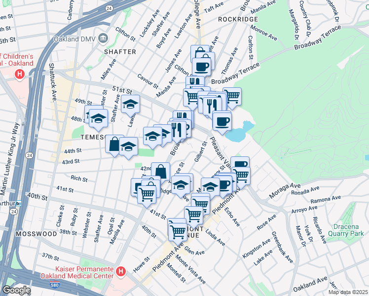 map of restaurants, bars, coffee shops, grocery stores, and more near in Oakland