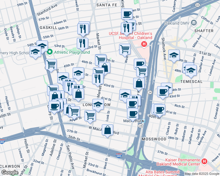 map of restaurants, bars, coffee shops, grocery stores, and more near 870 43rd Street in Oakland