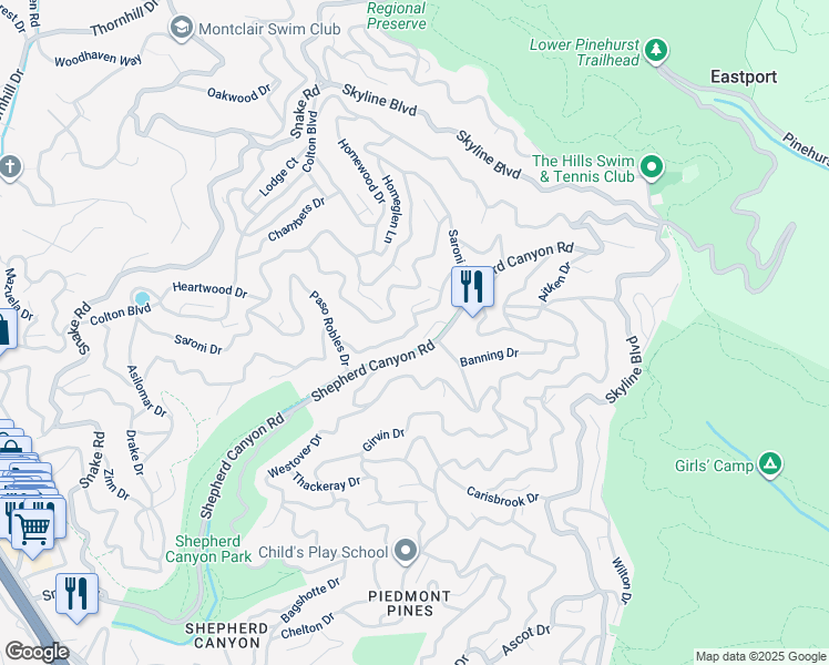 map of restaurants, bars, coffee shops, grocery stores, and more near 7270 Woodrow Drive in Oakland