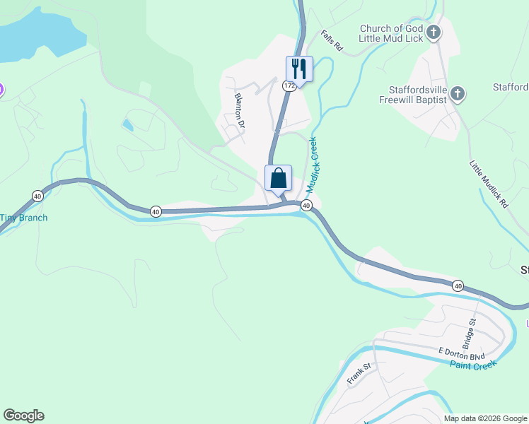 map of restaurants, bars, coffee shops, grocery stores, and more near 2152 Highway 40 in Staffordsville