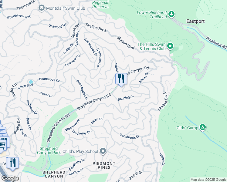 map of restaurants, bars, coffee shops, grocery stores, and more near 6658 Shepherd Canyon Road in Oakland