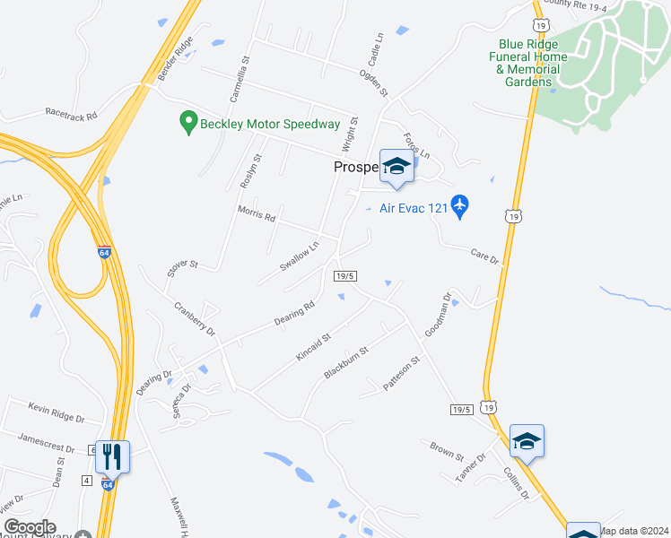 map of restaurants, bars, coffee shops, grocery stores, and more near 345 Prosperity Road in Beckley