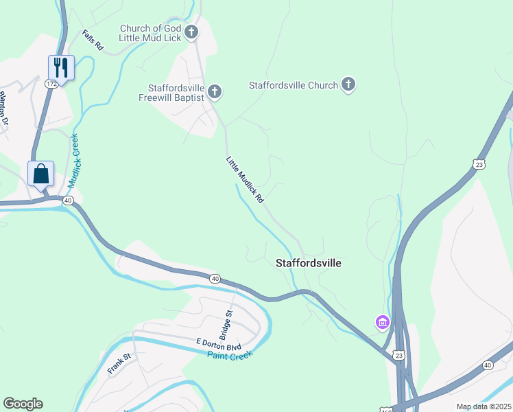 map of restaurants, bars, coffee shops, grocery stores, and more near Little Mudlick Road in Staffordsville