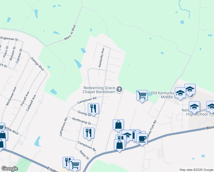 map of restaurants, bars, coffee shops, grocery stores, and more near Susannah Ave in Bardstown