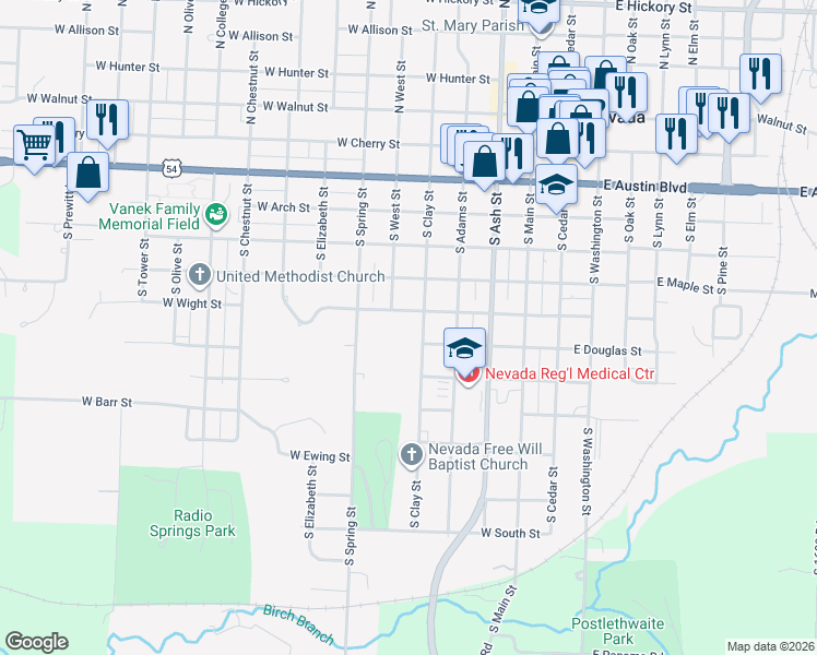 map of restaurants, bars, coffee shops, grocery stores, and more near 605 West Wight Street in Nevada