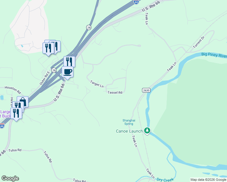 map of restaurants, bars, coffee shops, grocery stores, and more near 13910 Tassel Lane in Devils Elbow