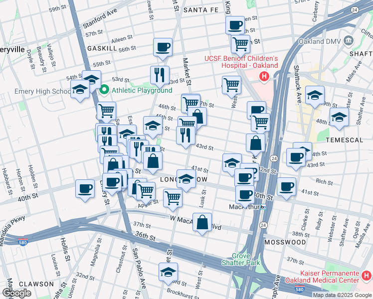 map of restaurants, bars, coffee shops, grocery stores, and more near 4211 Market Street in Oakland