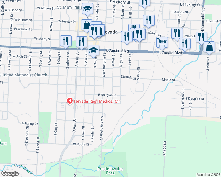 map of restaurants, bars, coffee shops, grocery stores, and more near 542 South Oak Street in Nevada