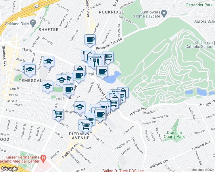 map of restaurants, bars, coffee shops, grocery stores, and more near 4467 View Place in Oakland
