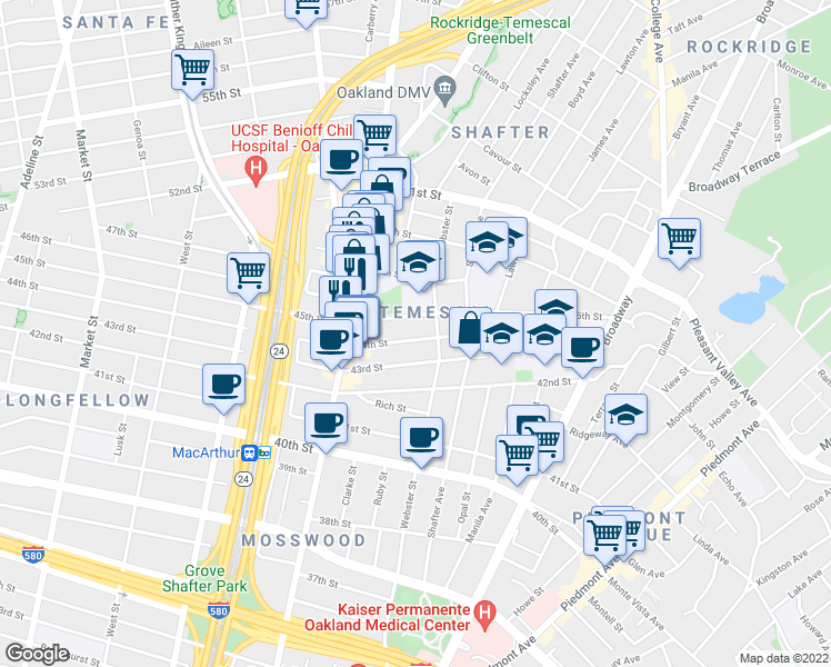 map of restaurants, bars, coffee shops, grocery stores, and more near in Oakland