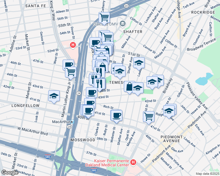 map of restaurants, bars, coffee shops, grocery stores, and more near 479 45th Street in Oakland