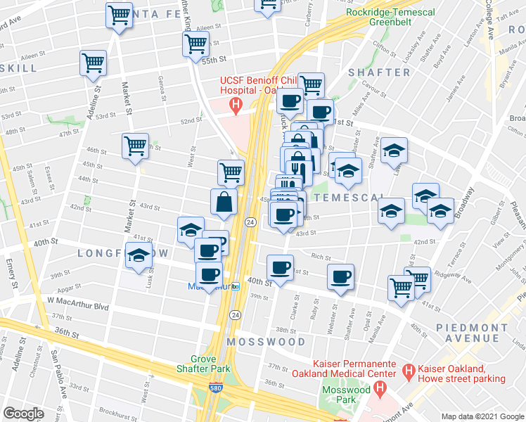 map of restaurants, bars, coffee shops, grocery stores, and more near 557 45th Street in Oakland