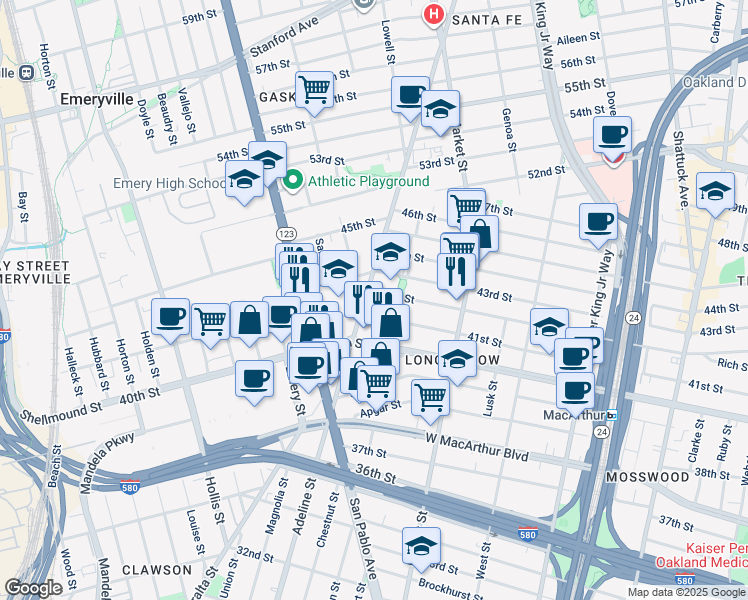 map of restaurants, bars, coffee shops, grocery stores, and more near 1001 42nd Street in Oakland