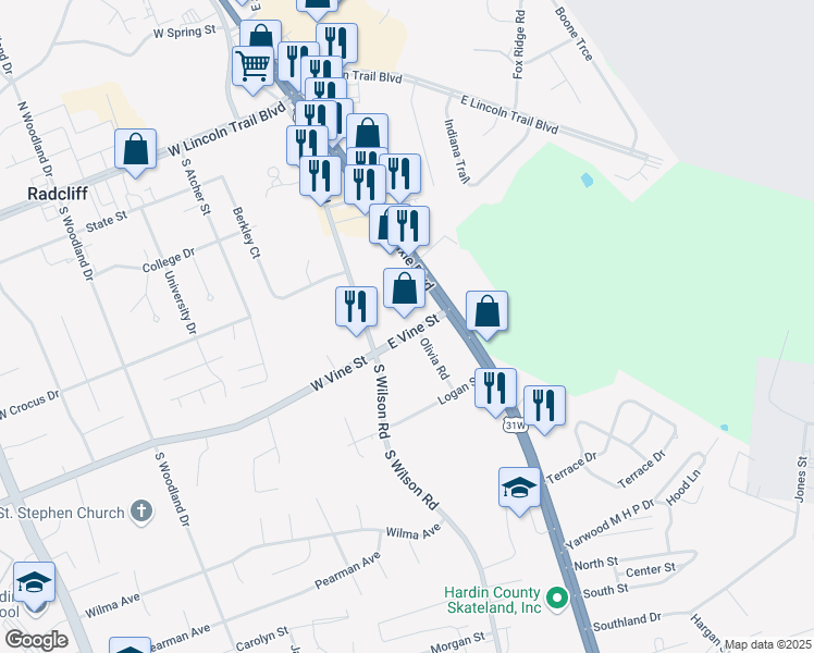 map of restaurants, bars, coffee shops, grocery stores, and more near 635 South Dixie Boulevard in Radcliff