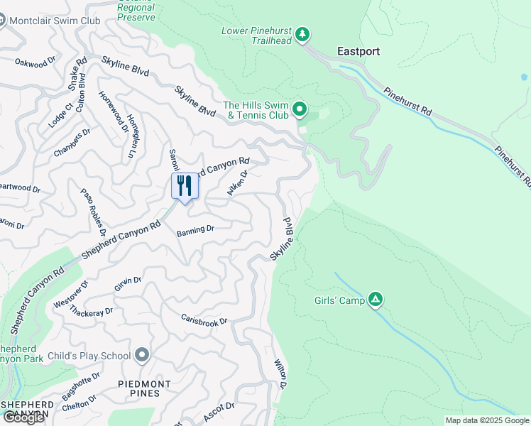 map of restaurants, bars, coffee shops, grocery stores, and more near 7047 Exeter Drive in Oakland