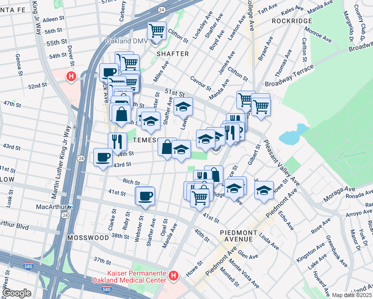 map of restaurants, bars, coffee shops, grocery stores, and more near 365 45th Street in Oakland
