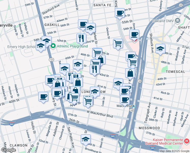 map of restaurants, bars, coffee shops, grocery stores, and more near 4211 Market Street in Oakland