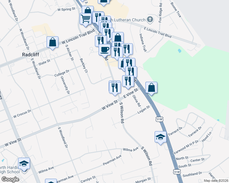 map of restaurants, bars, coffee shops, grocery stores, and more near 541 South Wilson Road in Radcliff
