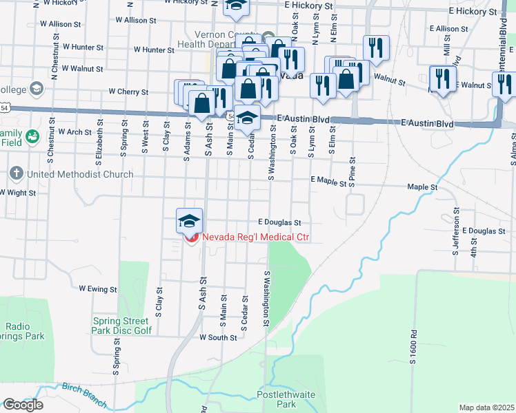 map of restaurants, bars, coffee shops, grocery stores, and more near 610 South Washington Street in Nevada