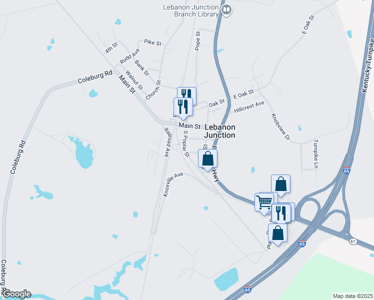 map of restaurants, bars, coffee shops, grocery stores, and more near 191 South Poplar Street in Lebanon Junction