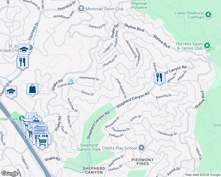 map of restaurants, bars, coffee shops, grocery stores, and more near 6815 Paso Robles Drive in Oakland