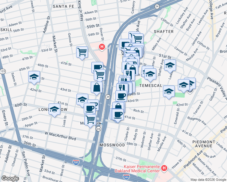 map of restaurants, bars, coffee shops, grocery stores, and more near 557 45th Street in Oakland